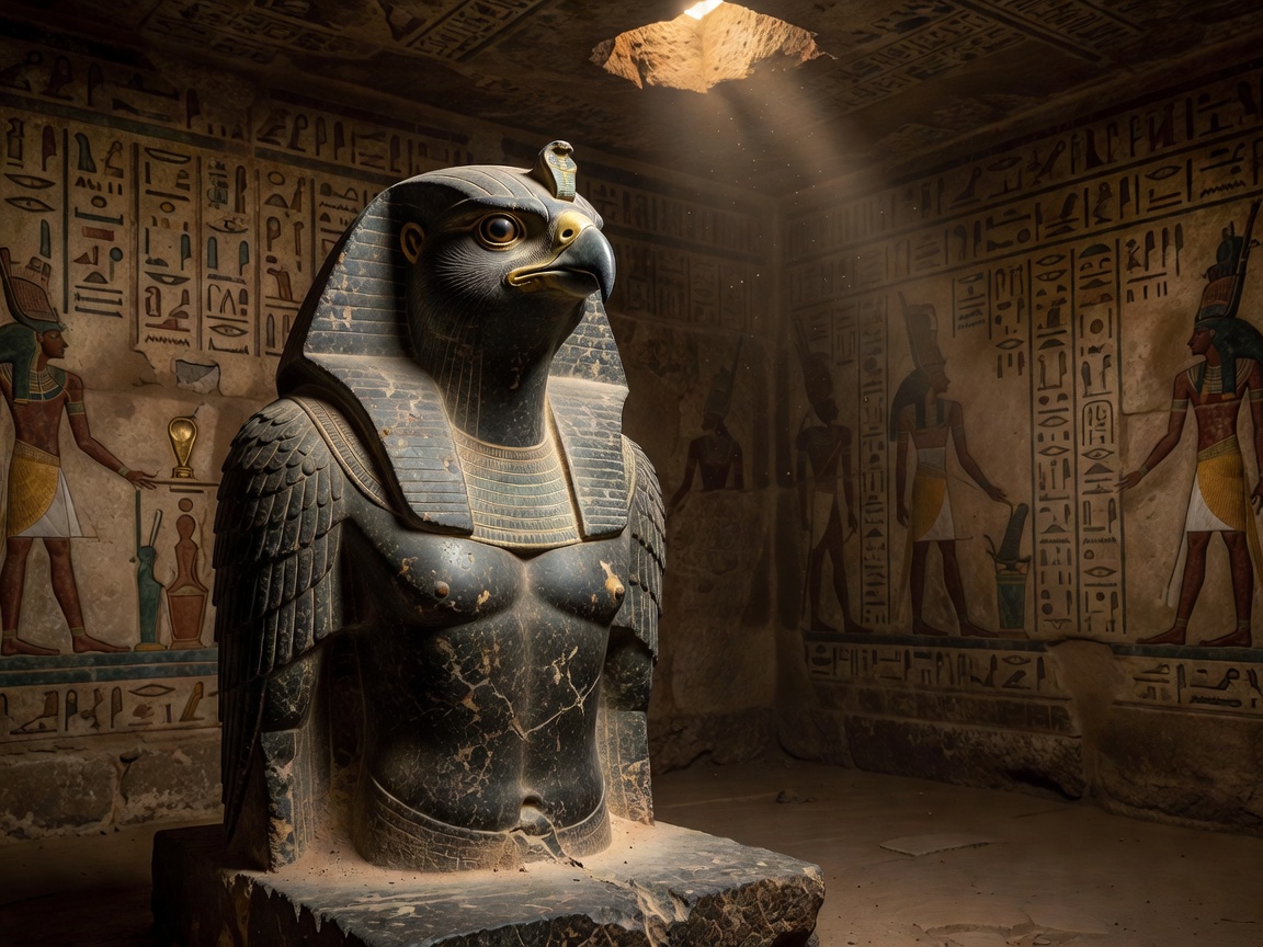 Detail of historical Horus statue inside Egyptian tomb