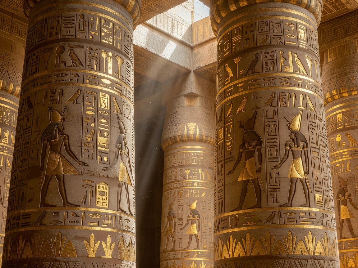 Detailed ancient carving on Egyptian pillars of golden gold color