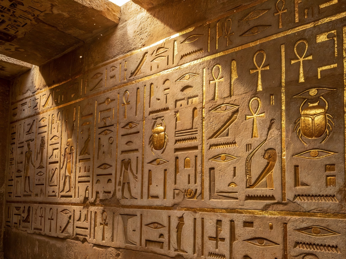 Exquisite Details of Golden Tomb Hieroglyphics - Ancient Egypt Theme